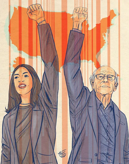 Young woman and older man raising fists with USA map background