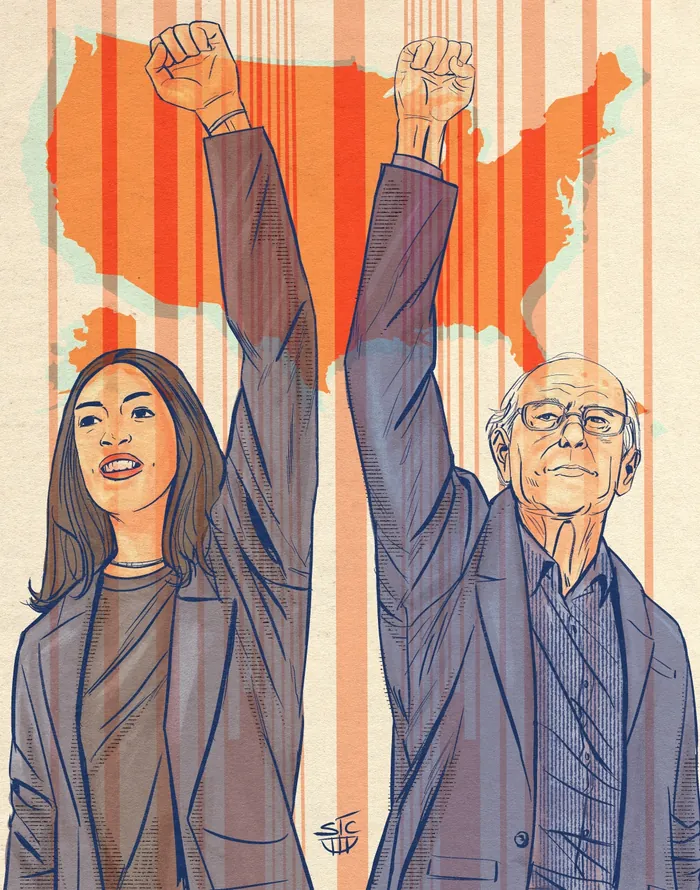 Young woman and older man raising fists with USA map background