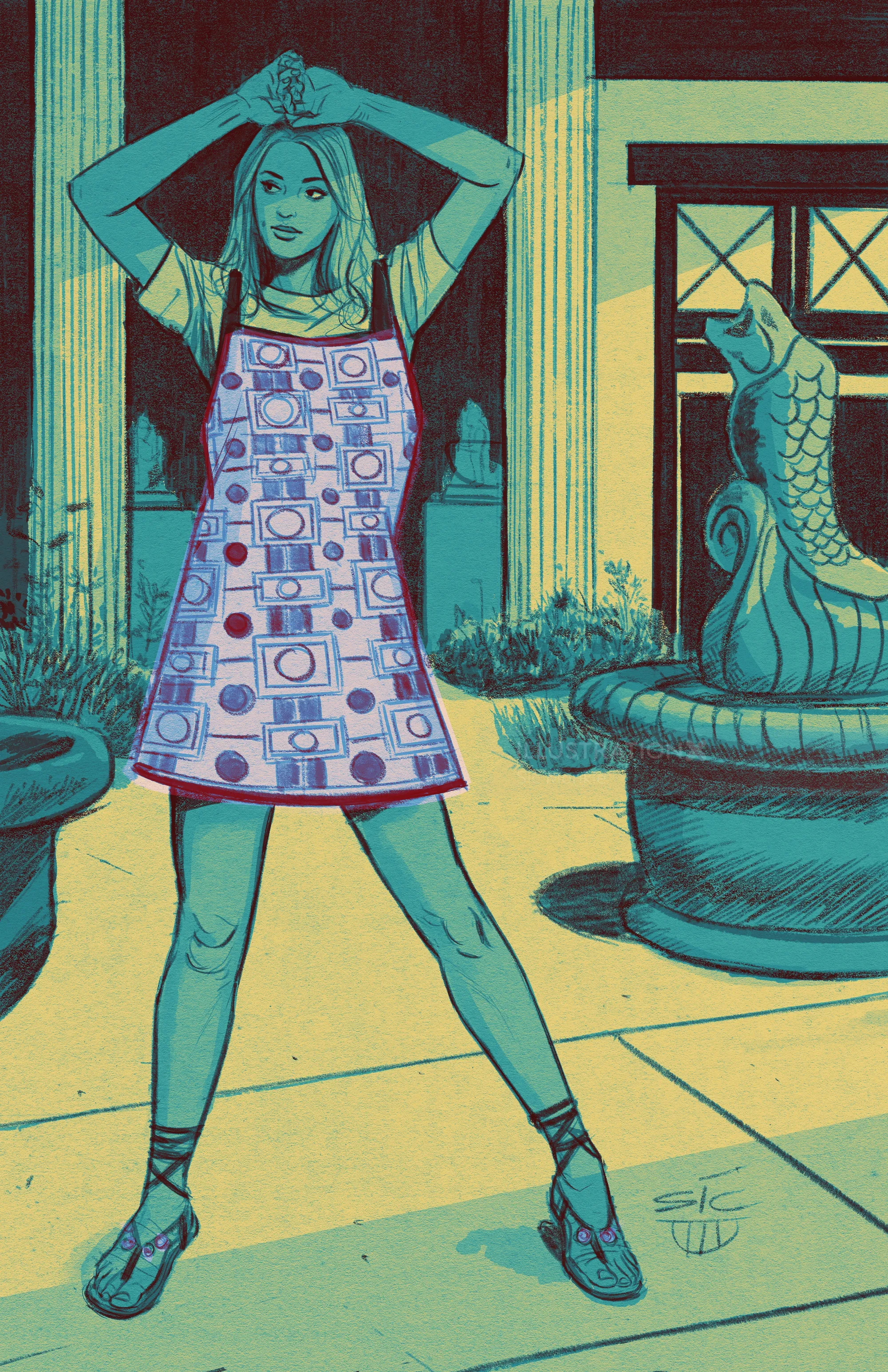 Woman wearing patterned smock in outdoor courtyard with fountain