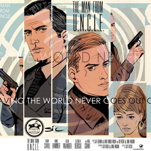 Illustration von Charakteren aus der Serie „The Man From U.N.C.L.E.“ mit Schusswaffen