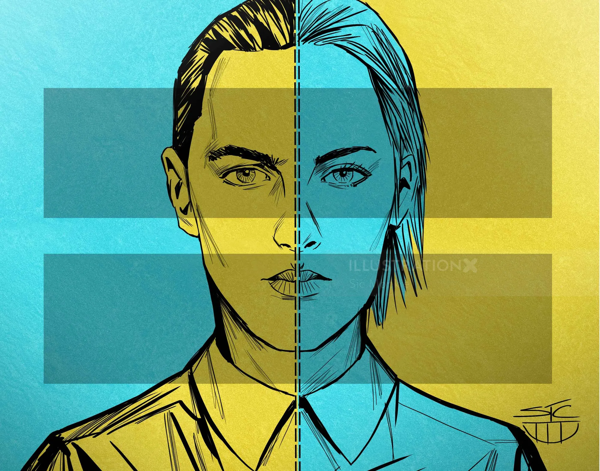 Split face illustration showing male and female halves with equals sign