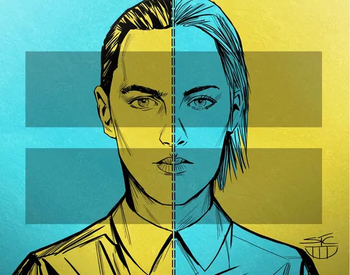 Split face illustration showing male and female halves with equals sign