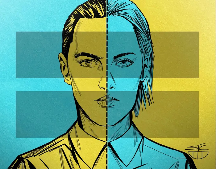 Split face illustration showing male and female halves with equals sign