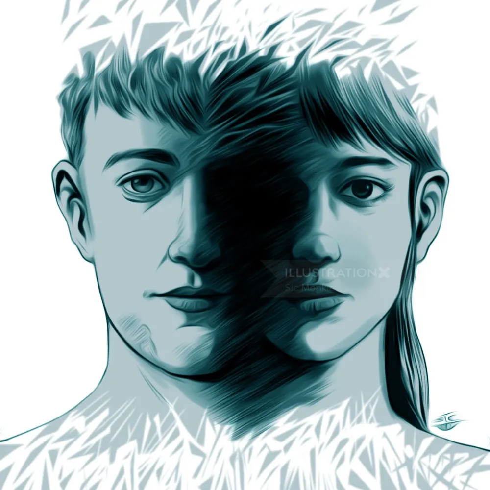 Artistic illustration of two overlapping faces of a young man and woman