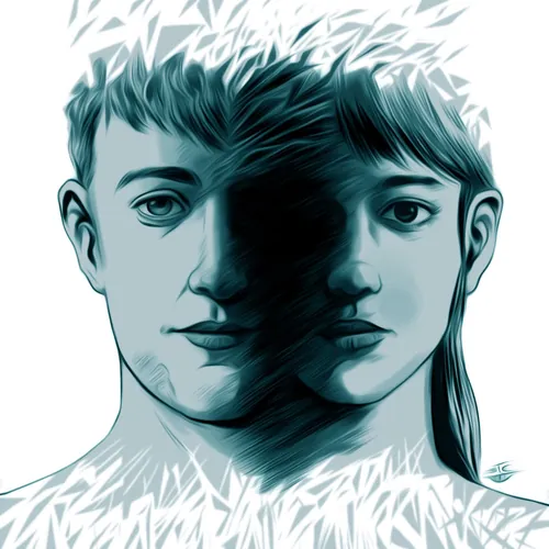 Artistic illustration of two overlapping faces of a young man and woman