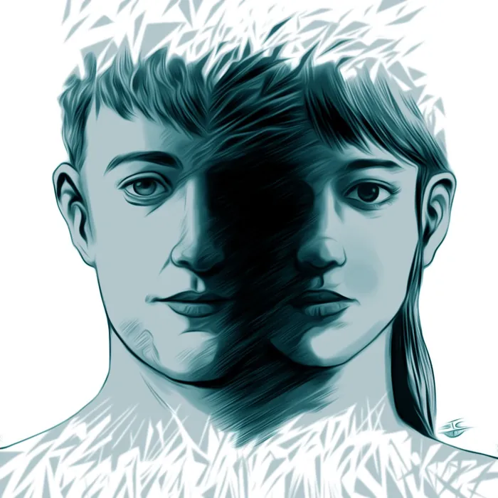 Artistic illustration of two overlapping faces of a young man and woman