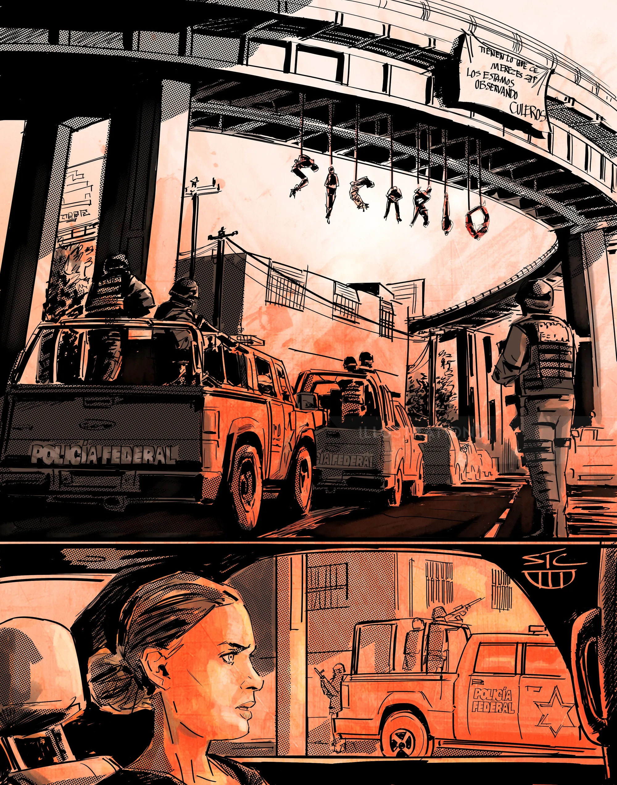 Police vehicles and officers under Sicario sign at dusk