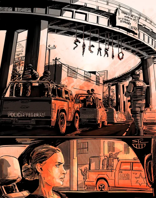 Police vehicles and officers under Sicario sign at dusk