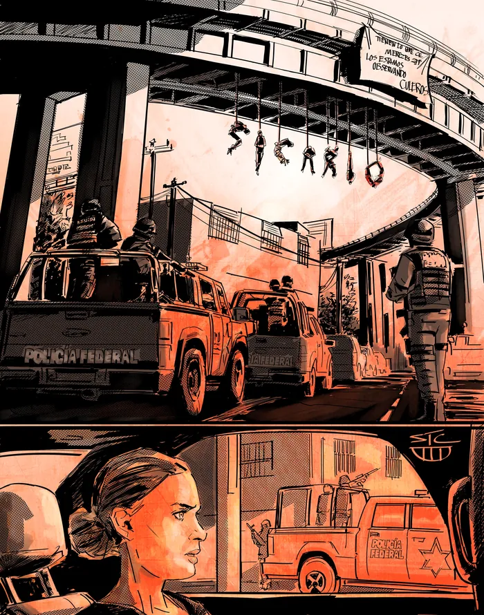 Police vehicles and officers under Sicario sign at dusk
