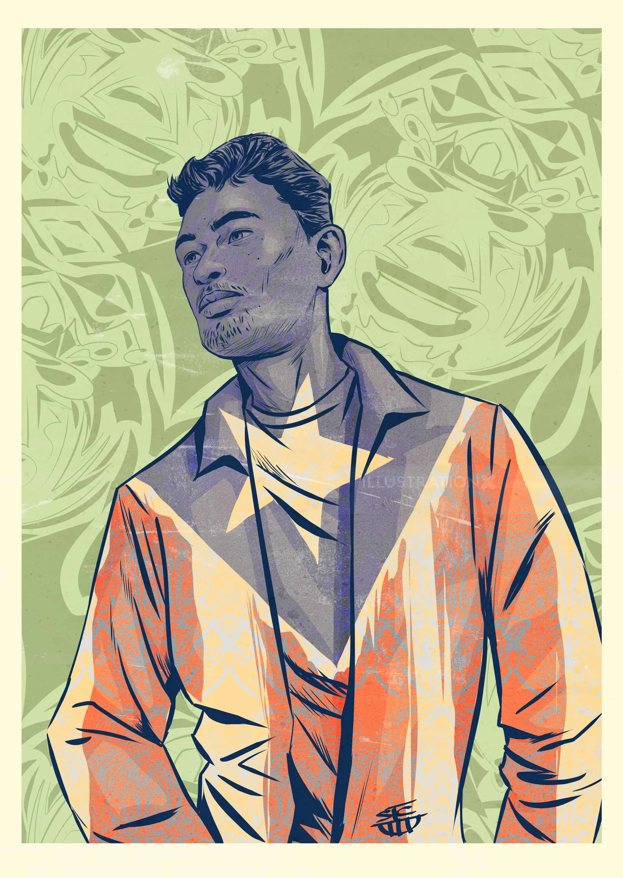 Stylized illustration of a man in a jacket with abstract green background