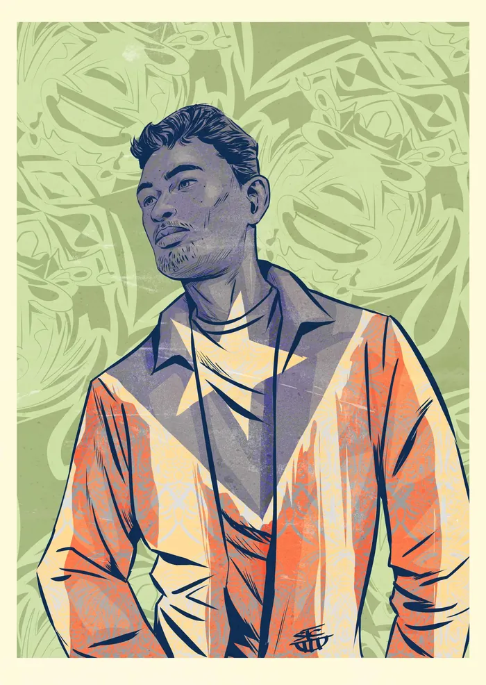 Stylized illustration of a man in a jacket with abstract green background