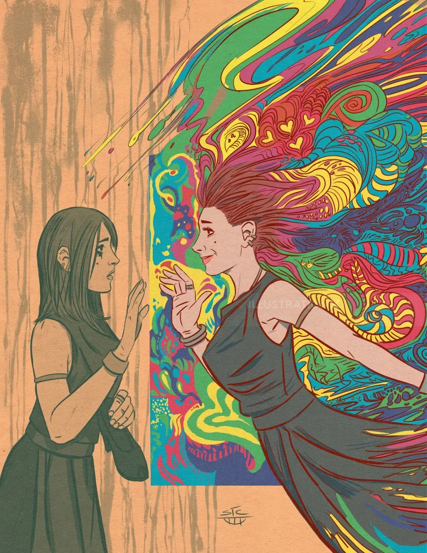 Woman reaching out to colorful, energetic reflection of herself