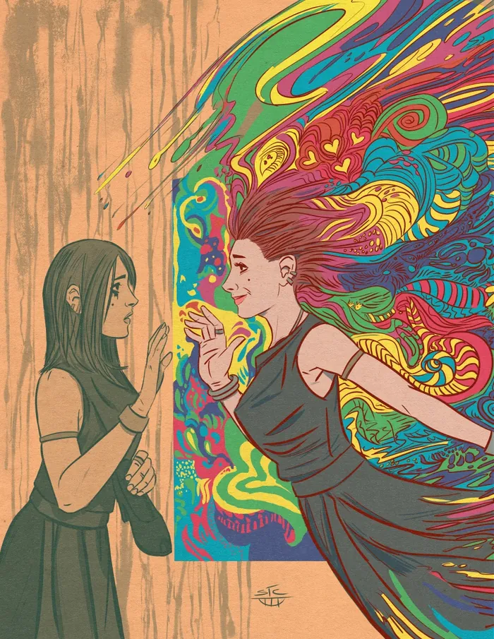 Woman reaching out to colorful, energetic reflection of herself