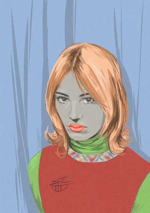 Illustration of a young woman with orange hair and colorful clothing