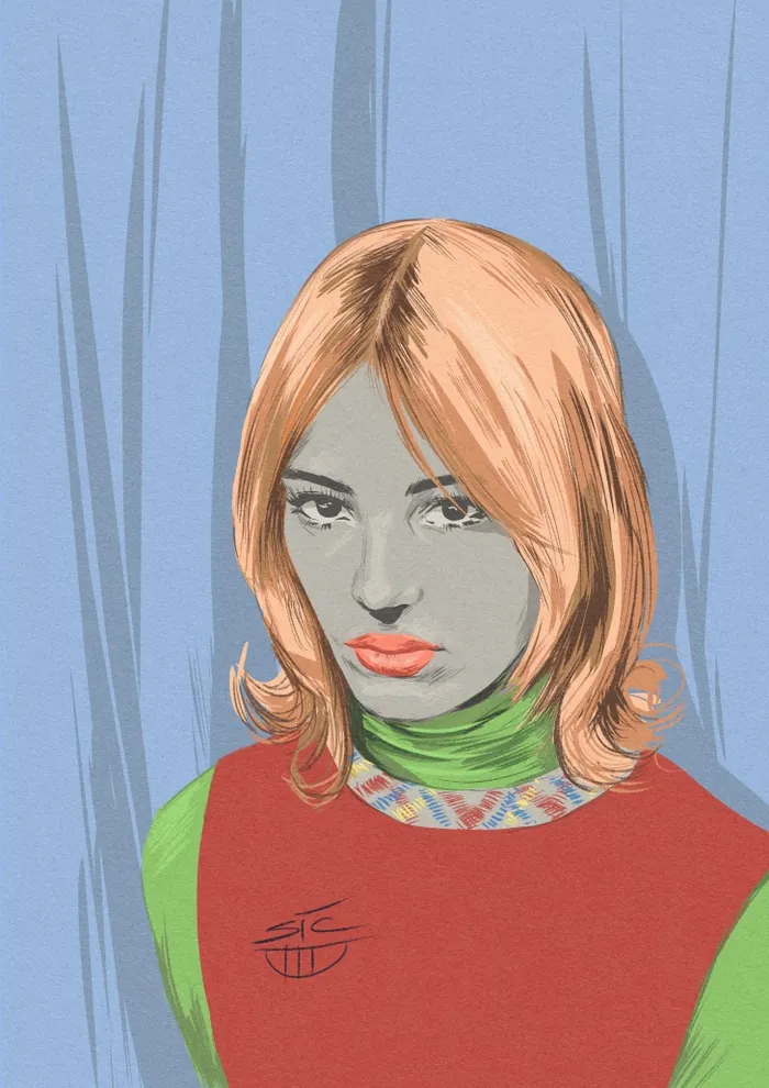 Illustration of a young woman with orange hair and colorful clothing