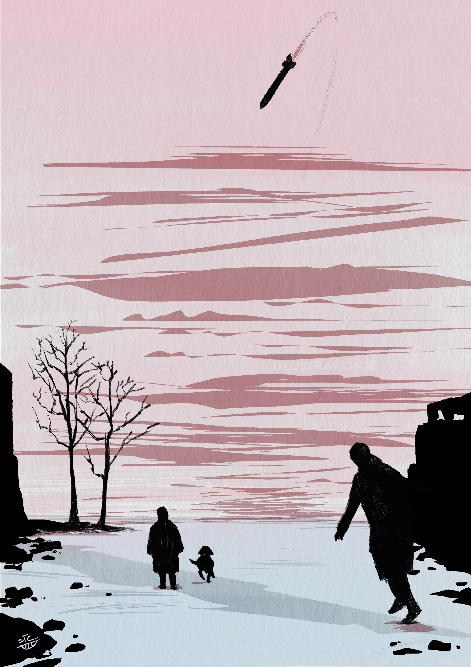 Silhouettes walking by water under pink evening sky with a flying knife