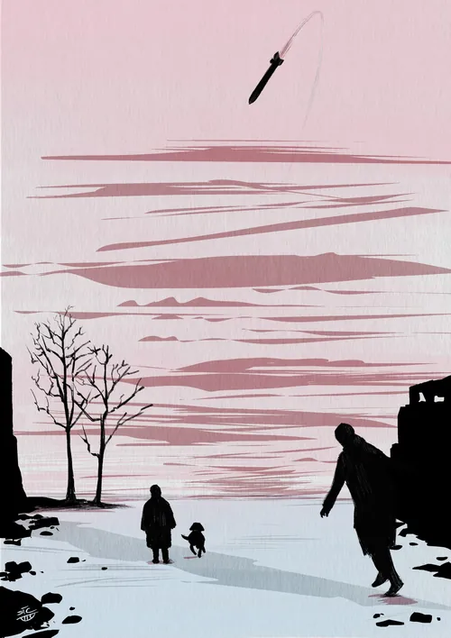 Silhouettes walking by water under pink evening sky with a flying knife