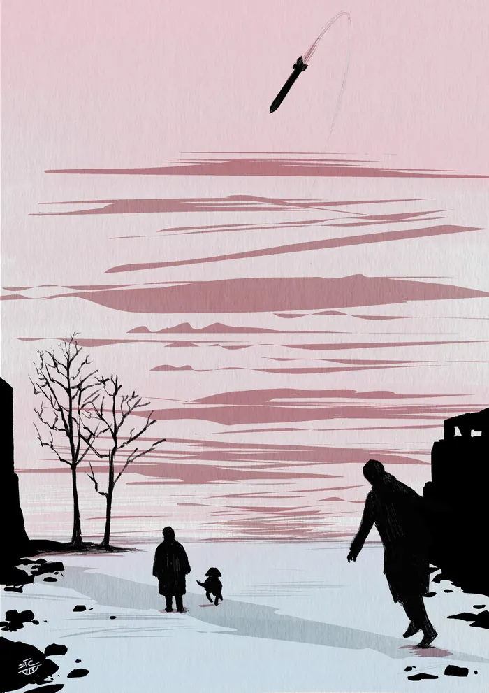 Silhouettes walking by water under pink evening sky with a flying knife