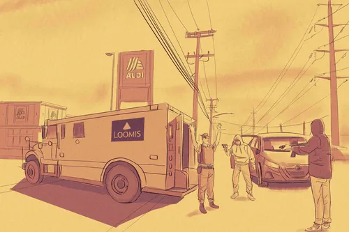 Armored truck and people in an urban street at sunset by Sic Monkie