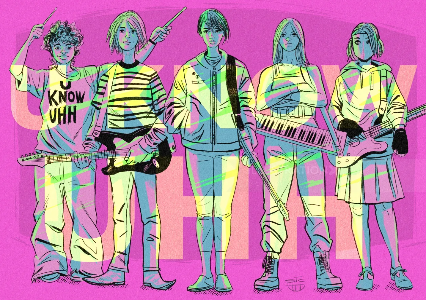 Illustration of five band members with instruments by Sic Monkie