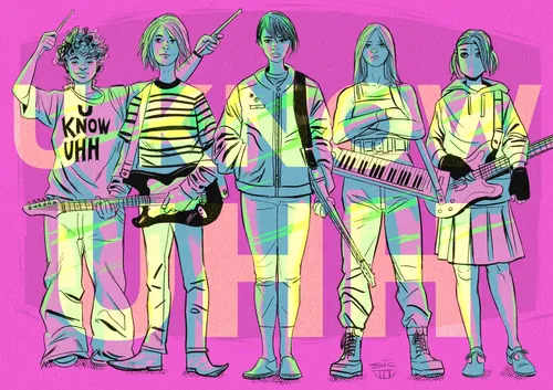 Illustration of five band members with instruments by Sic Monkie