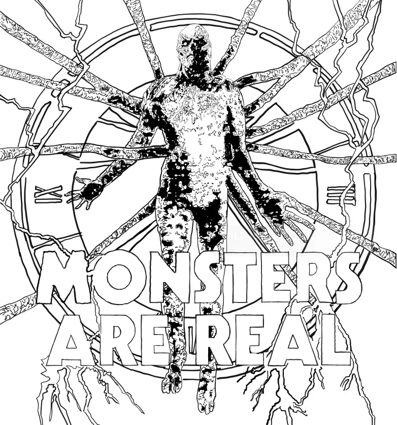 Black and white illustration of a monster with text 'Monsters Are Real' by Sic Monkie
