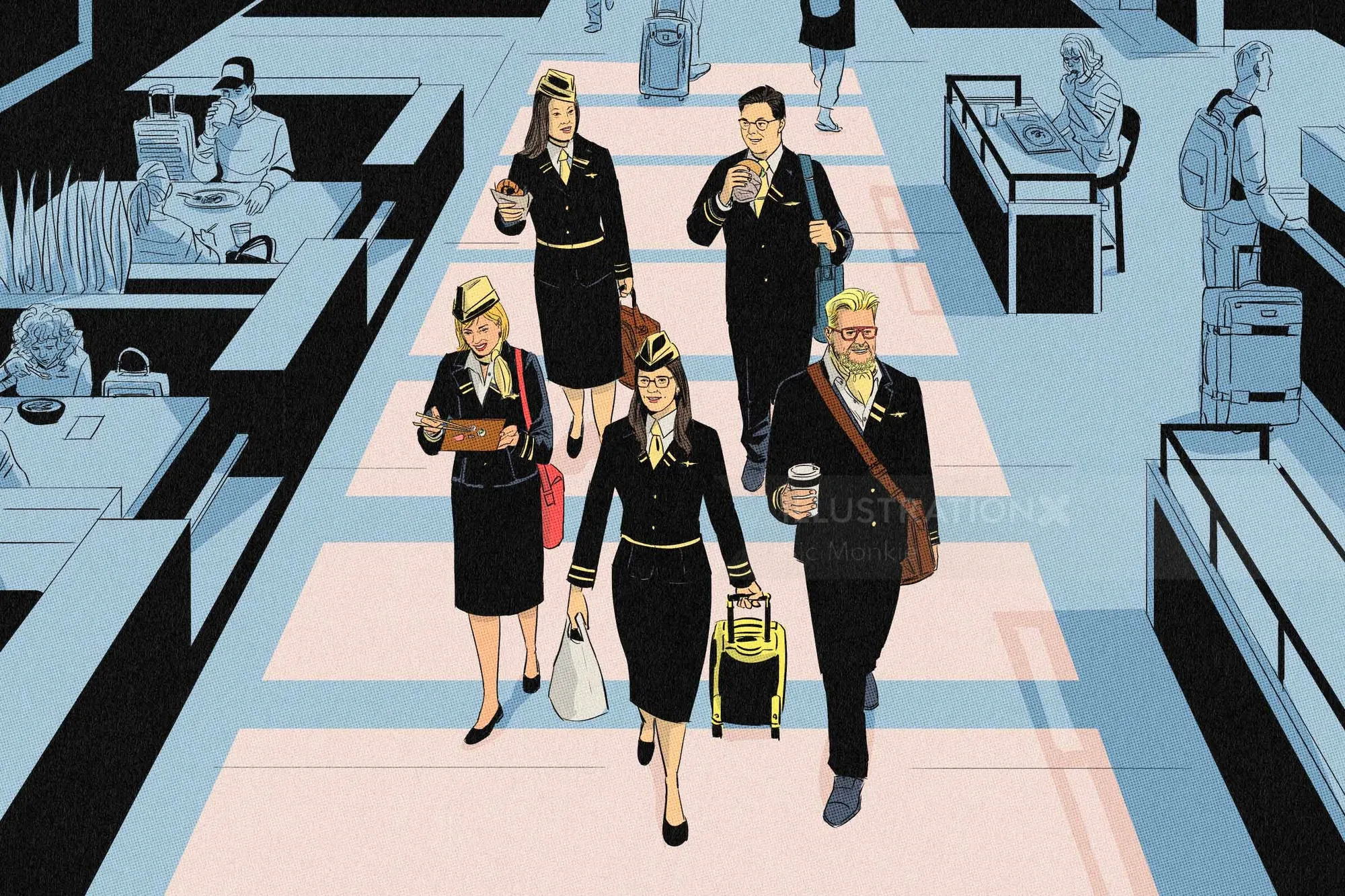 Airline staff walking through an airport terminal by Sic Monkie