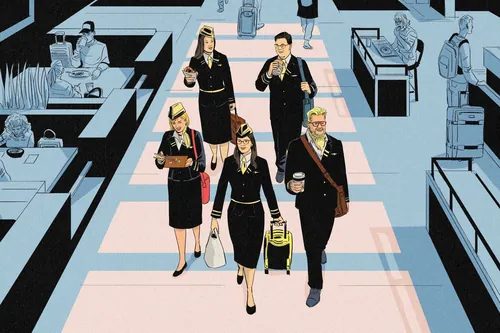 Airline staff walking through an airport terminal by Sic Monkie