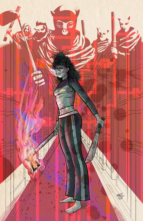 Person holding flaming axes in front of red demon figures by Sic Monkie