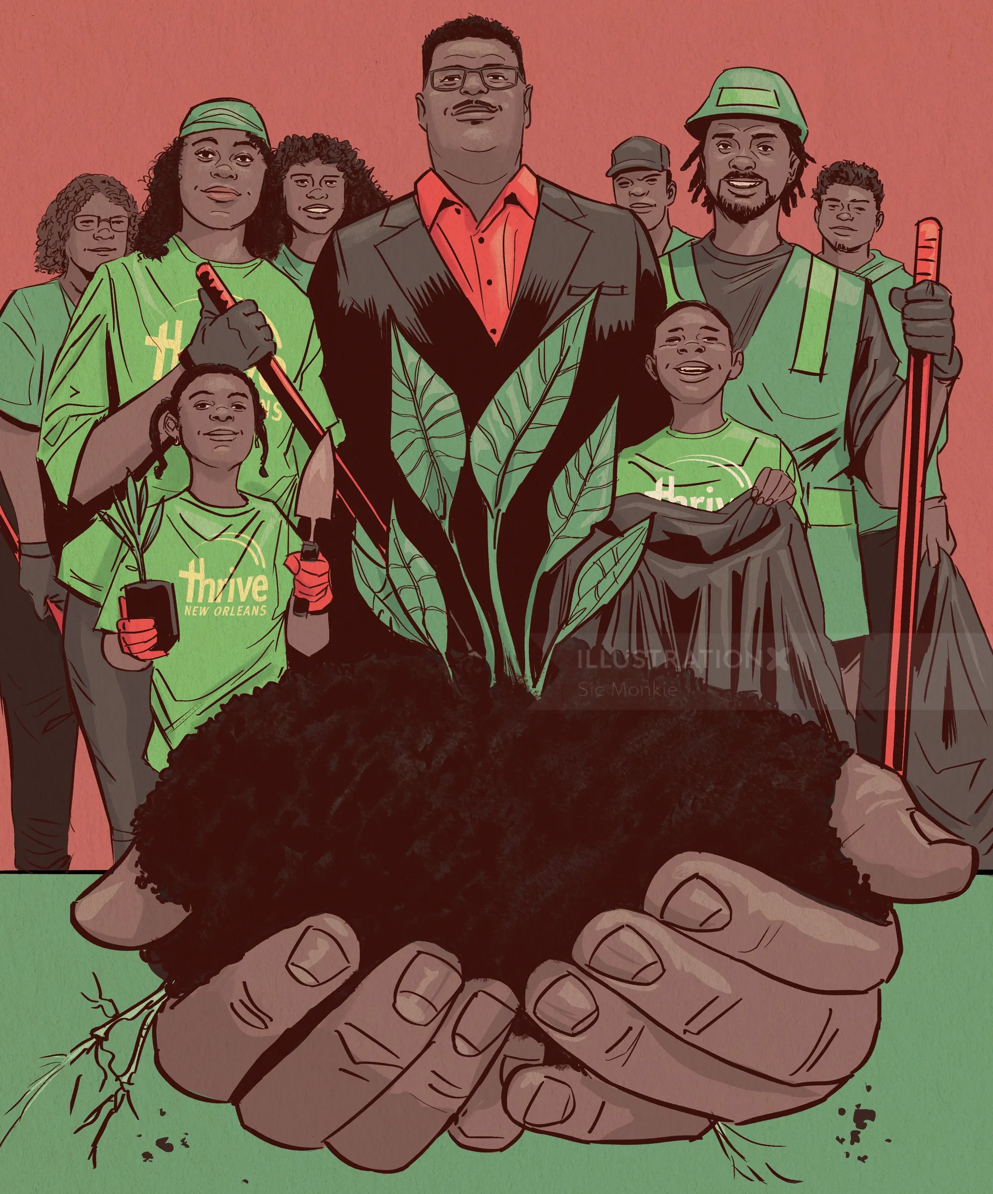 Sic Monkie artwork showing a diverse New Orleans community surrounding a plant