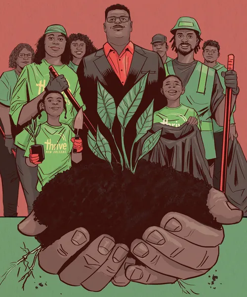 Sic Monkie artwork showing a diverse New Orleans community surrounding a plant