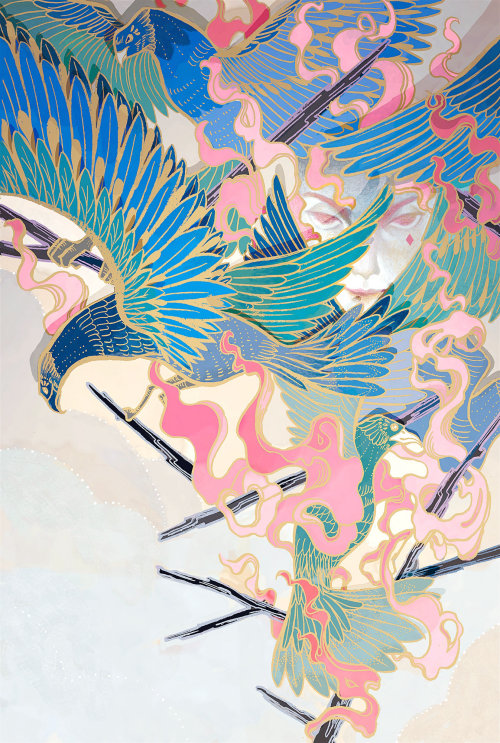 Pintura de pavões lindamente coloridos