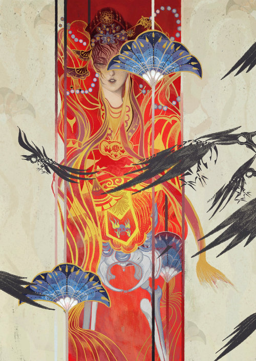 Arte de mujer y pájaro de fantasía de Sija Hong