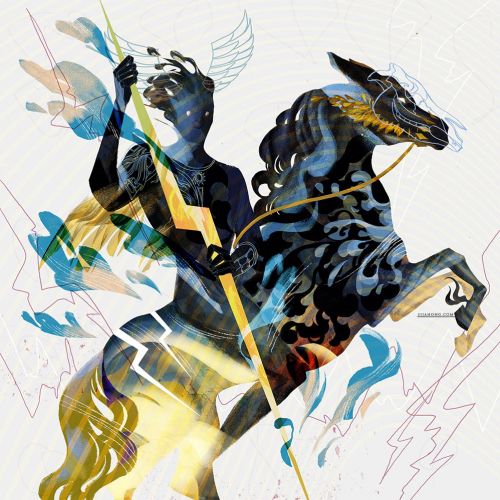 Man and horse in thunder illustration