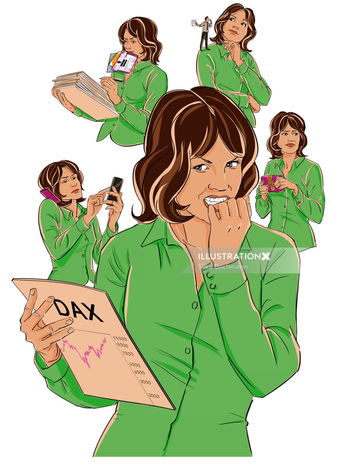 Comic character of multitasking woman