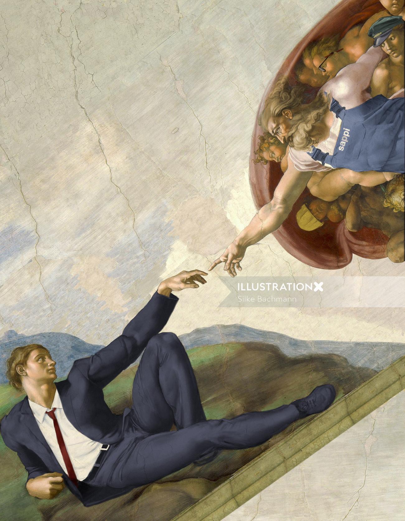 Retro illustration of man touching god
