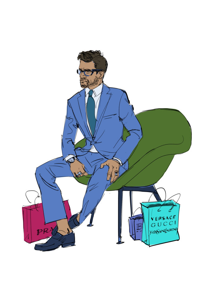 Line drawing of man with shopping bags