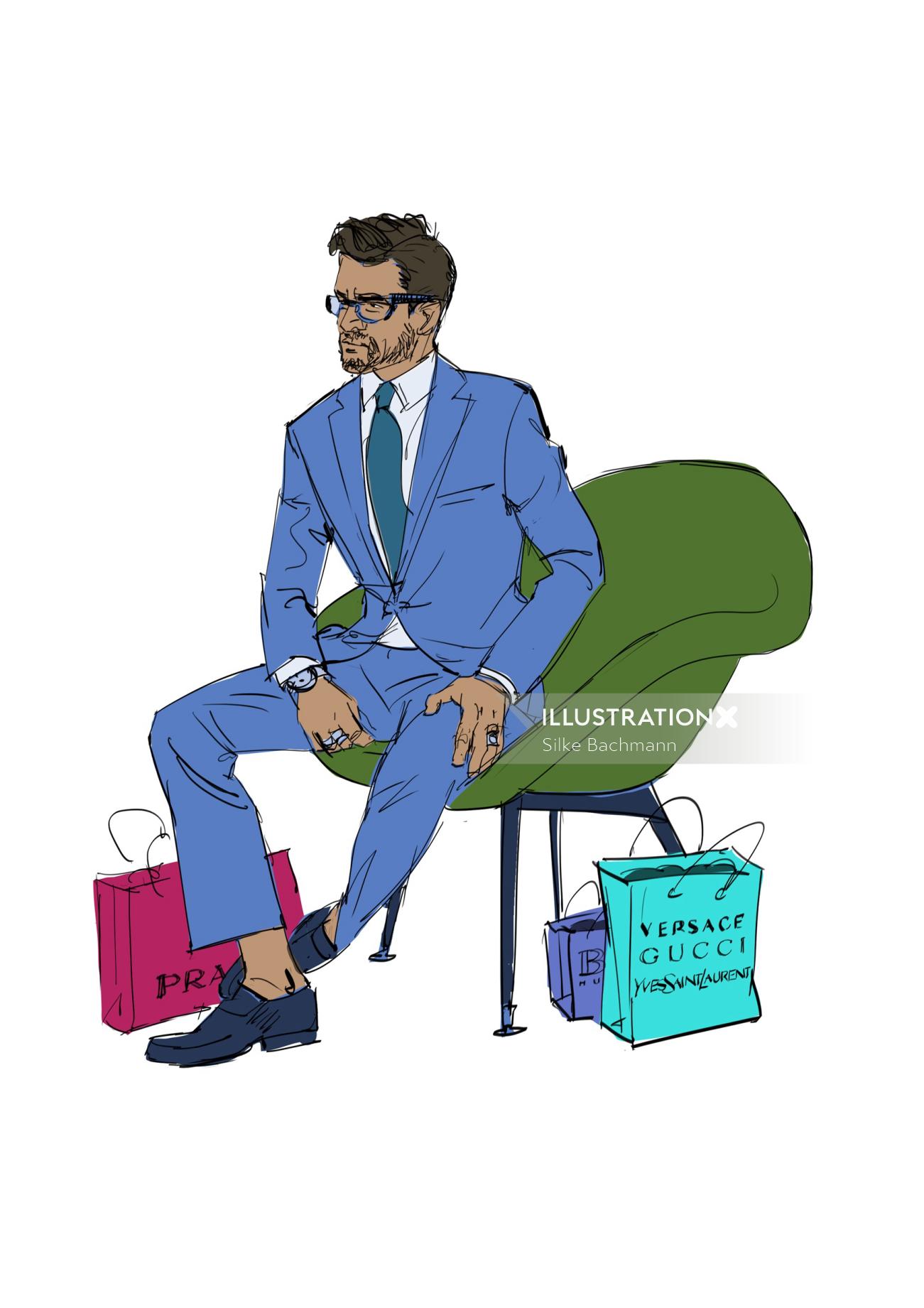 Desenho de linha de homem com sacos de compras