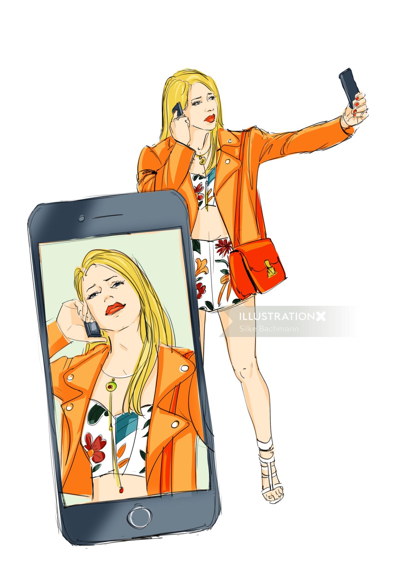 Fashion sketch of selfie girl