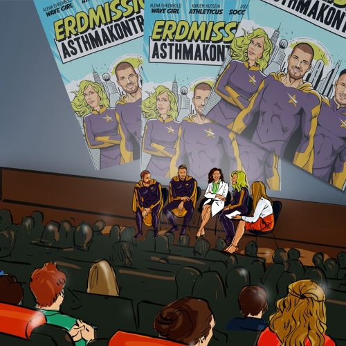 Illustration of people interviewing in auditorium
