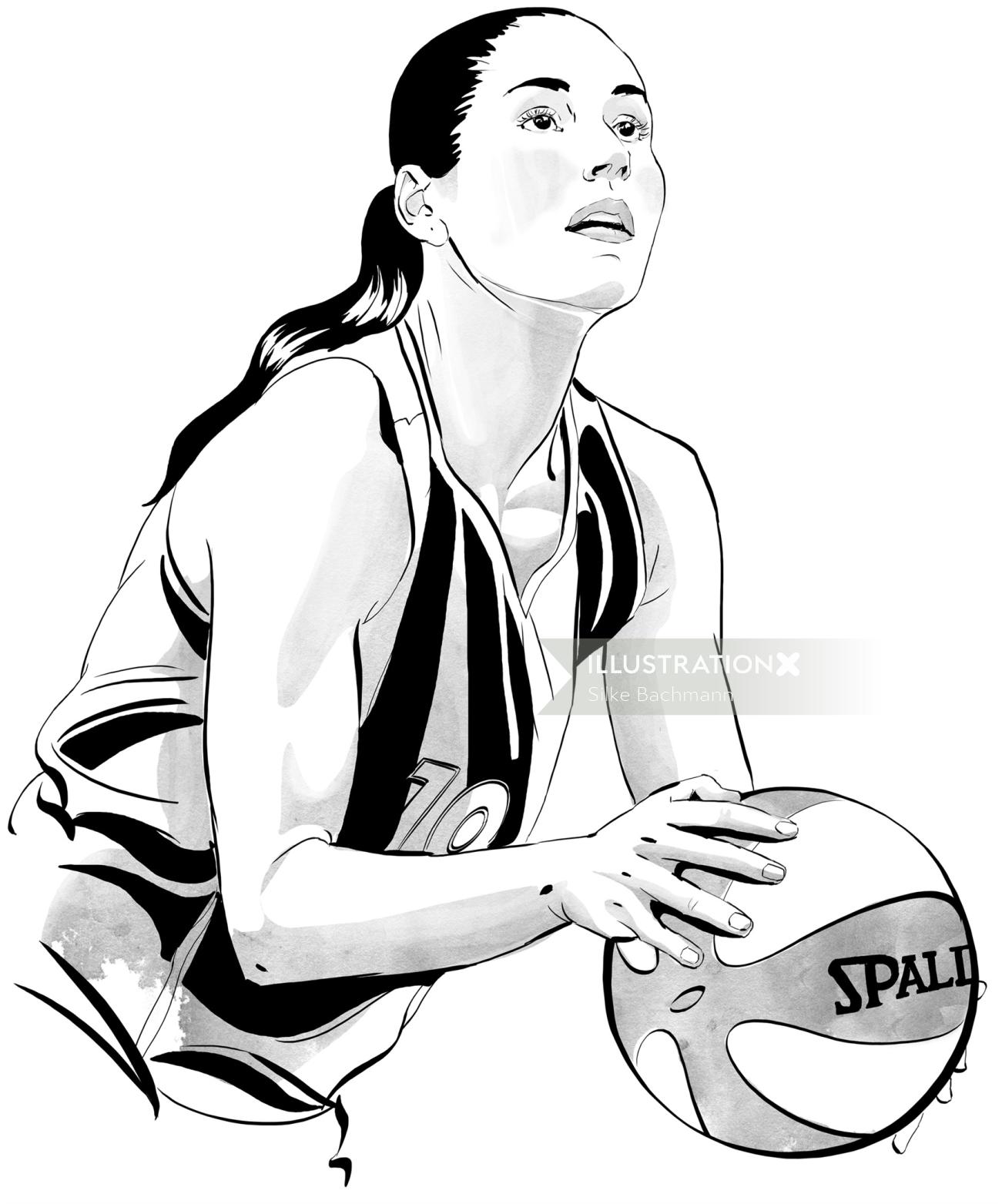 Arte de lápis de jogador de basquete feminino
