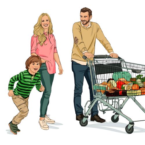 Illustration of family with shopping cart
