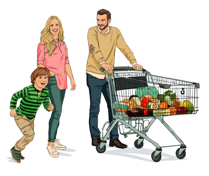 Illustration of family with shopping cart
