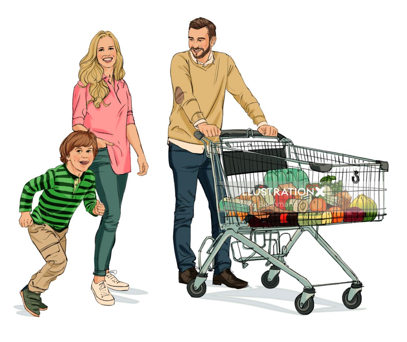 Ilustração de família com carrinho de compras