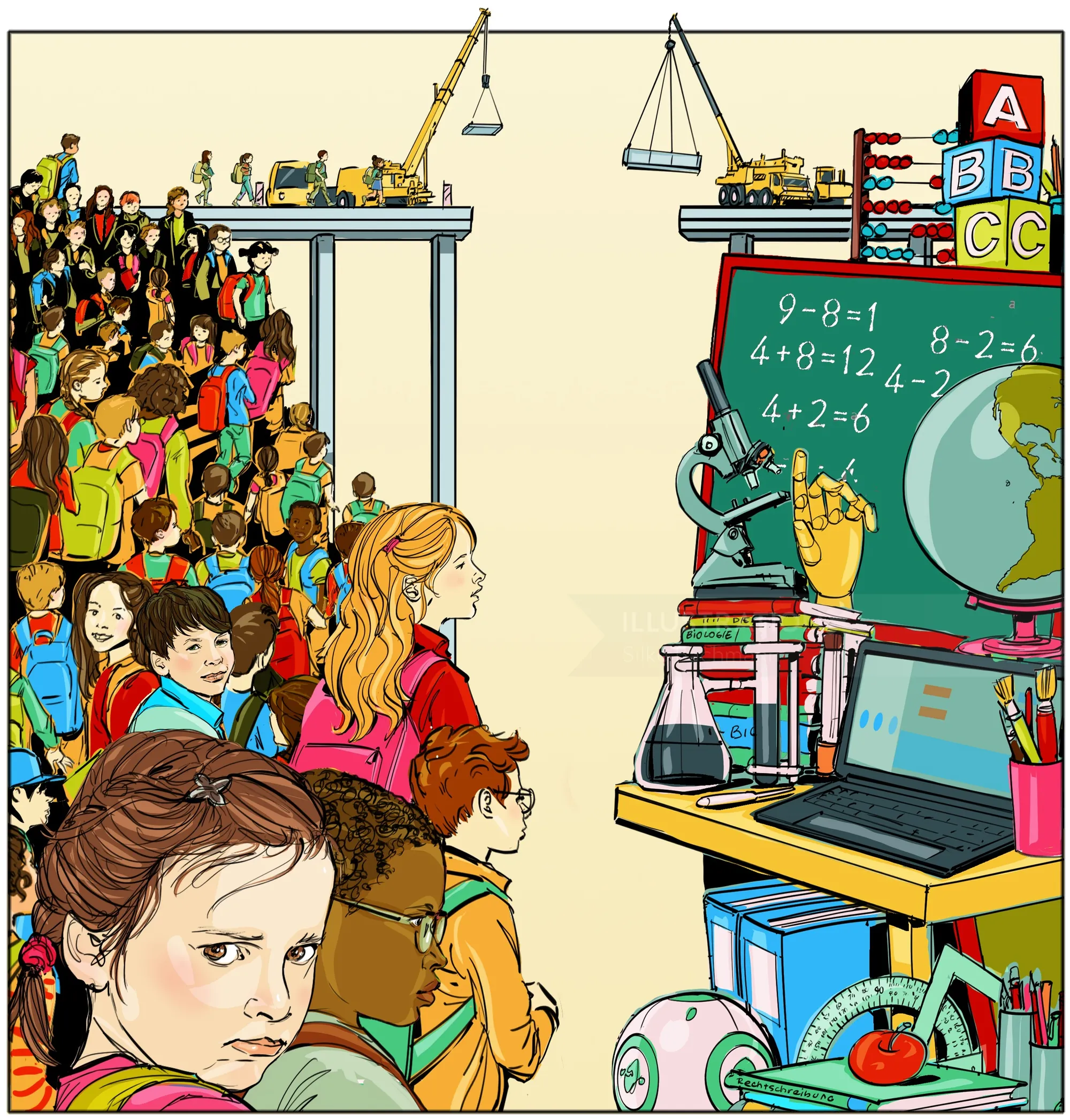 Illustration of diverse children learning science and math by Silke Bachmann