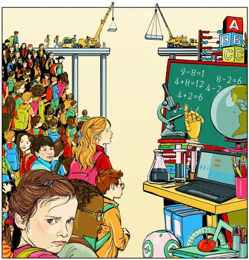 Illustration von Kindern unterschiedlicher Herkunft, die Naturwissenschaften und Mathematik lernen, von Silke Bachmann