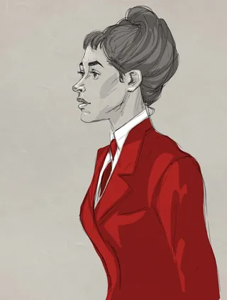 Profile view of a woman in a red blazer and tied-up hair by Silke Bachmann