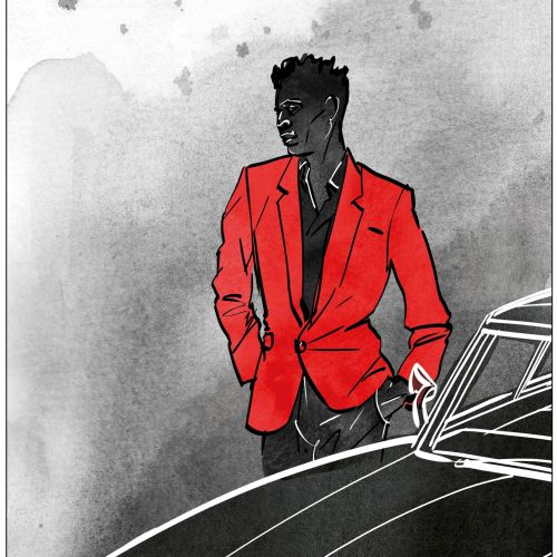 Man in red jacket leaning on black classic car, illustration by Silke Bachmann