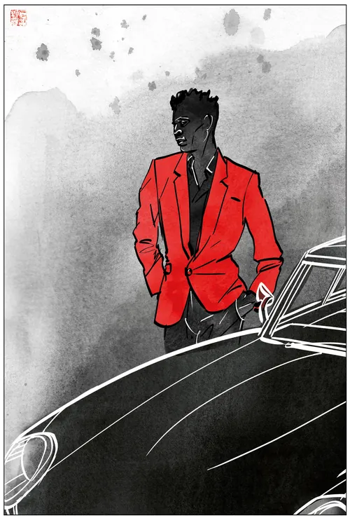 Mann in roter Jacke lehnt an schwarzem Oldtimer, Illustration von Silke Bachmann