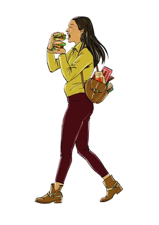 Woman eating sandwich while walking, carrying backpack with groceries by Silke Bachmann